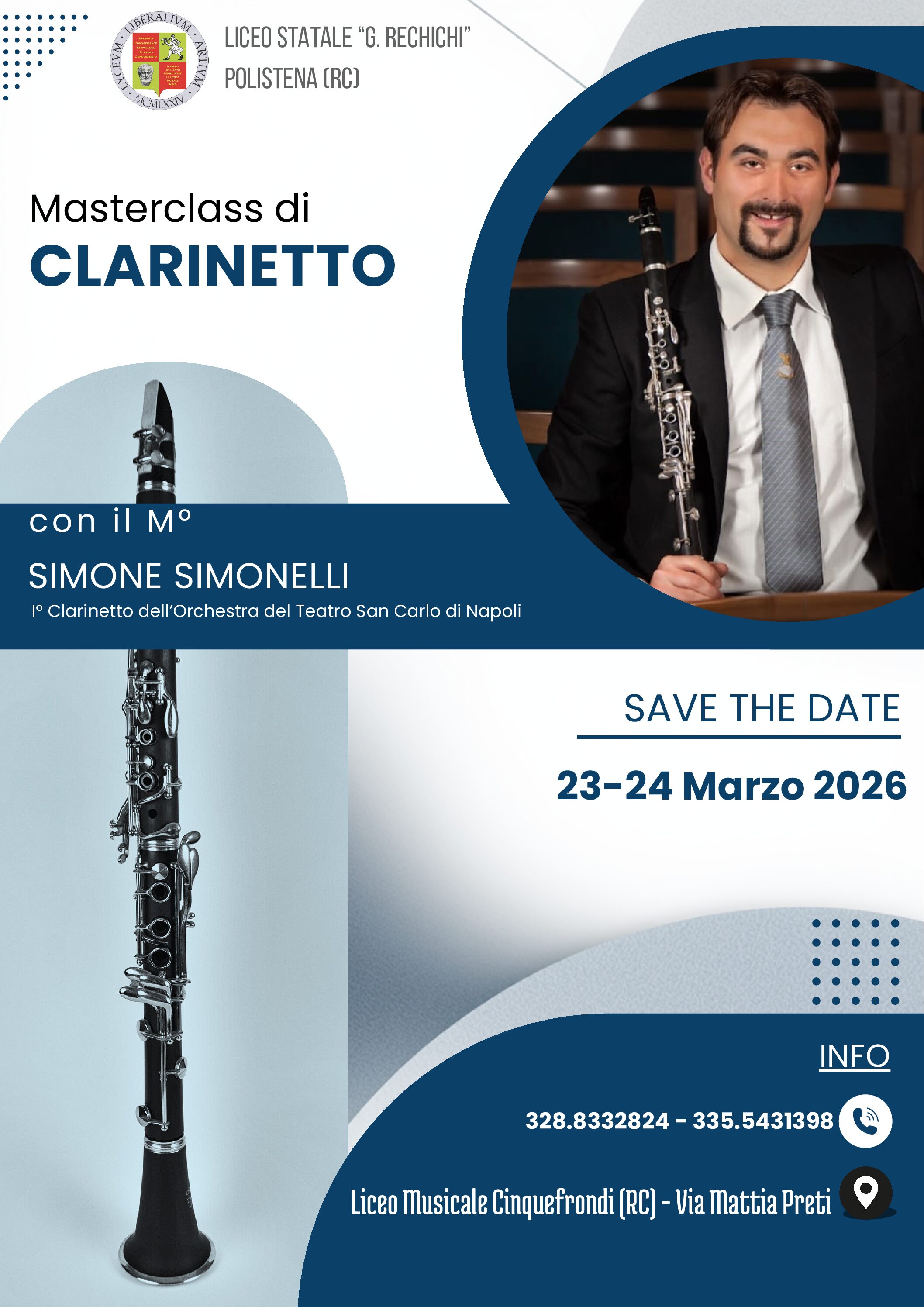 Masterclass di CLARINETTO con il Maestro Simone SIMONELLI primo clarinetto dell’Orchestra del Teatro San Carlo di Napoli