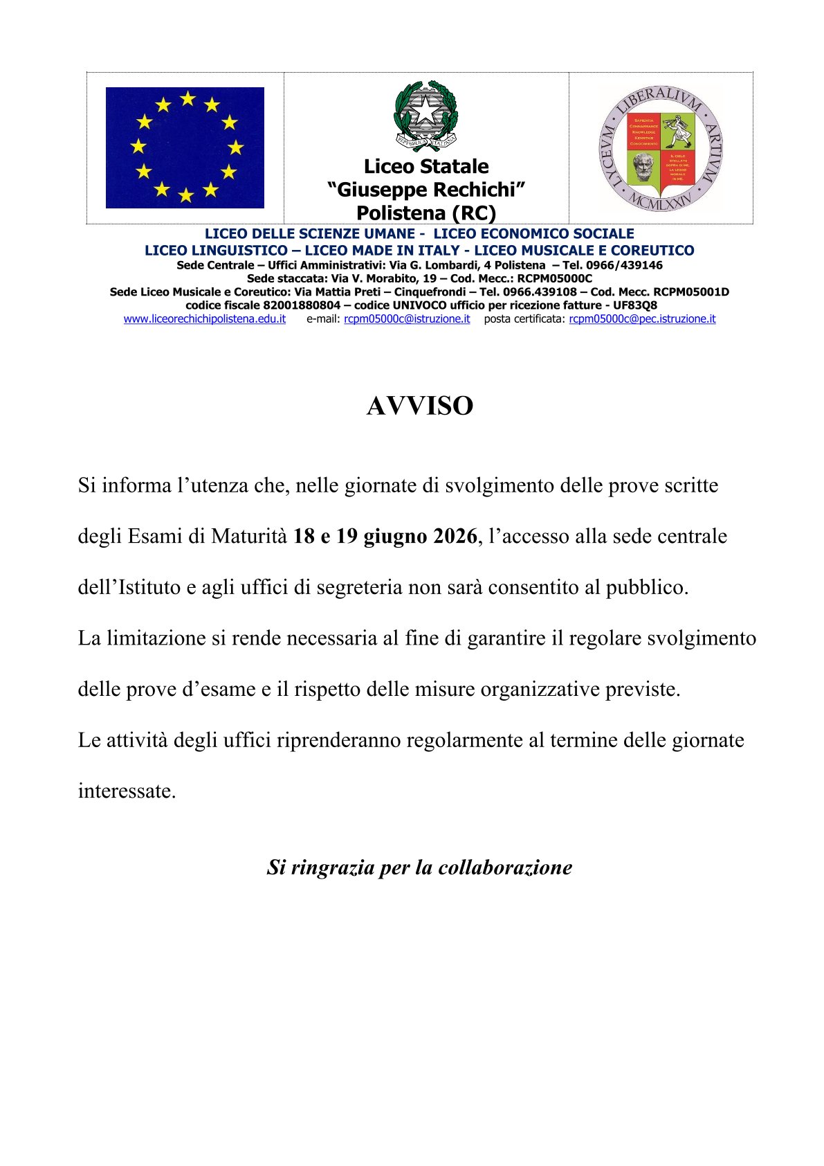 Avviso chiusura accesso al pubblico esami di maturità 2025-26 giorni 18 e 19 Giugno